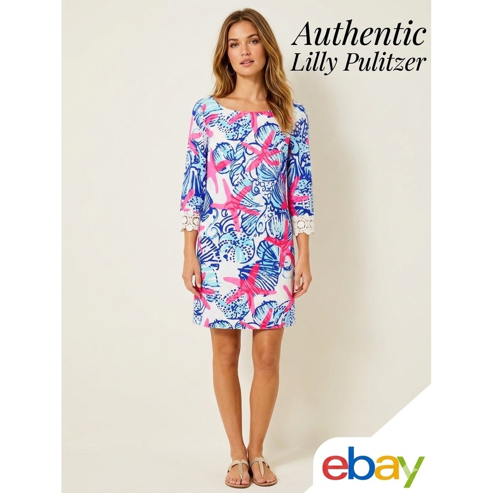 Lilly‎ Pulitzer Dress Womens XS Blue Pink Starfish Hollee Shift Nautical Crochet